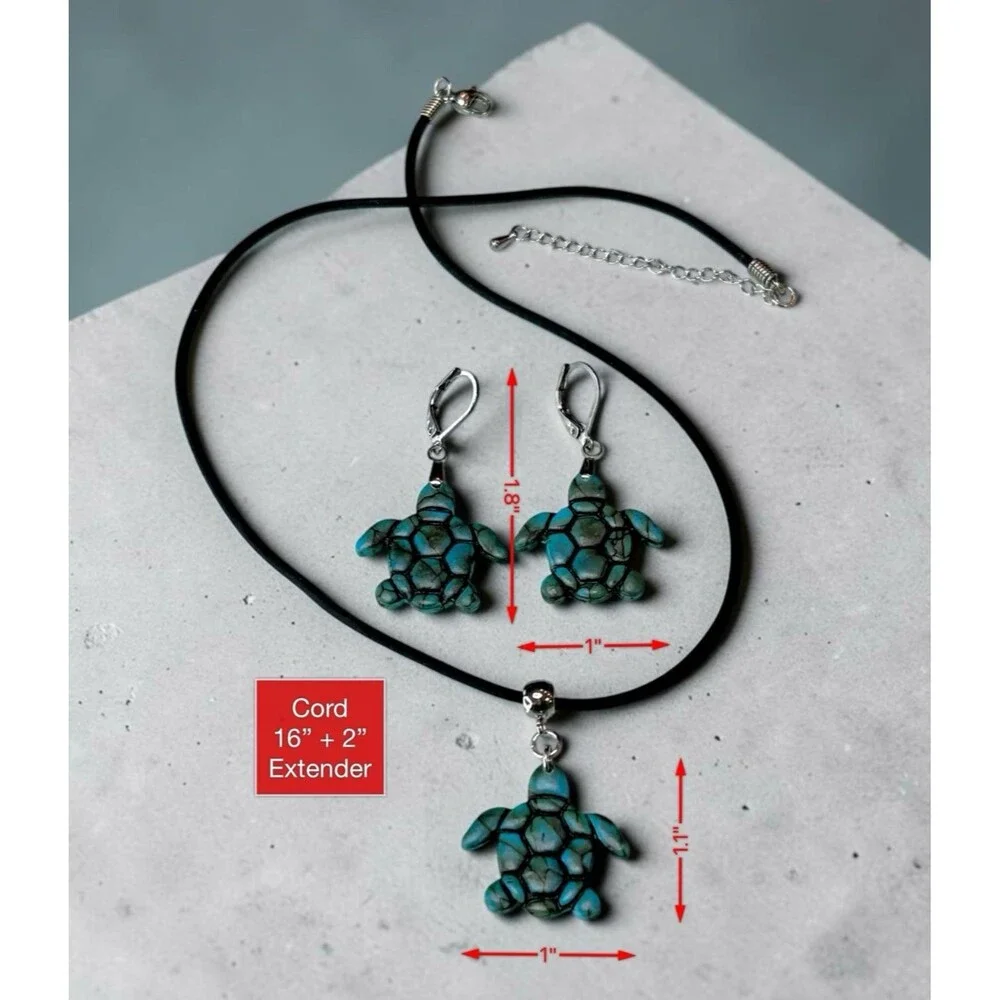 Faux Turquoise Turtle Polymer Clay Southwestern Pendant Necklace & Earring Set